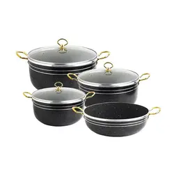 سرویس 7 پارچه چدن زنبوری دسته طلایی سه قابلمه با درب و یک ماهیتابه