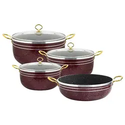 سرویس 7 پارچه چدن زنبوری دسته طلایی سه قابلمه با درب و یک ماهیتابه