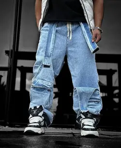 شلوار بگ جین پایین جلو کمربندی