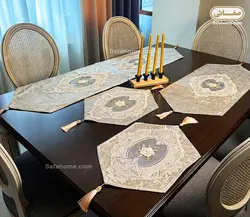 رانر رومیزی مخمل ۴ تکه دانتل گل برجسته نسکافه ای - صفاهوم