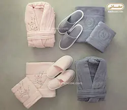 سرویس حوله عروس و داماد گلدوزی برجسته طوسی و صورتی روشن - صفاهوم