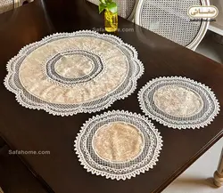 رومیزی مخمل گرد ۳ تکه مدل لوکس منجوق و مروارید نباتی - صفاهوم