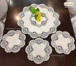 رومیزی گیپور مخمل 4 تکه گرد طرح ایپک شیری - صفاهوم