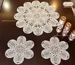 رومیزی قیطان دوزی ۳ تکه گرد مدل صدف لمه دار شیری - صفاهوم