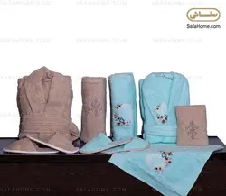 سرویس حوله عروس و داماد Dalgali نسکافه ای - آبی - صفاهوم