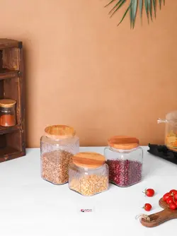 بانکه حبوبات و پاسماوری شیشه ای درب چوبی توسکا