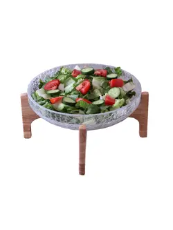 کاسه سرو سالاد شیشه ای با پایه چوبی قطر 25
