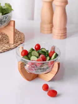 کاسه سرو سالاد شیشه ای با پایه چوبی قطر 25
