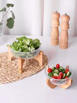 کاسه سرو سالاد شیشه ای با پایه چوبی قطر 25