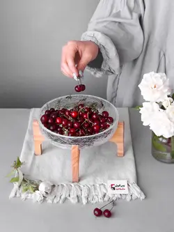 کاسه سرو سالاد شیشه ای با پایه چوبی قطر 25