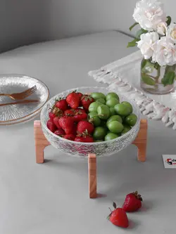 کاسه سرو سالاد شیشه ای با پایه چوبی قطر 25
