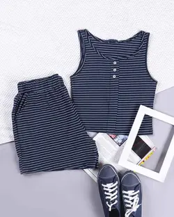 ست زنانه نیم تنه و شلوارک نخ پنبه راه راه