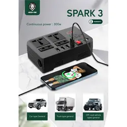 چند راهی شارژر فندکی گرین لیون مدل  Green Lion GNSPOW300W Spark 3 Car Power Inverter با توان 300W