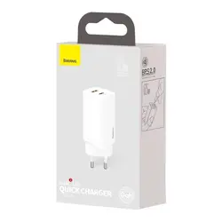 شارژر دیواری فست شارژ باسئوس Baseus GaN2 Lite Quick Charger Type-C USB-A CCGAN2L-B توان 65 وات