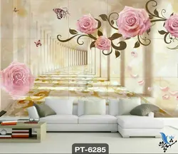 پوستر دیواری طرح گل صورتی و دالان سه بعدی کد PT6285