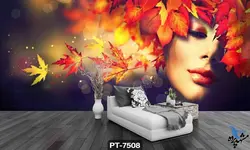 پوستر دیواری طرح چهره زن و برگ پاییز کد PT7508
