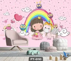 پوستر دیواری کودک طرح دختر و اسب بالدار کد PT-6110