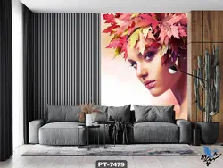 پوستر دیواری طرح چهره زن میکاپ کرده و برگ کد PT7479