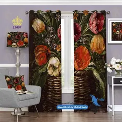 پرده پانچ گلدار طرح نقاشی سبد گل کد s-6997