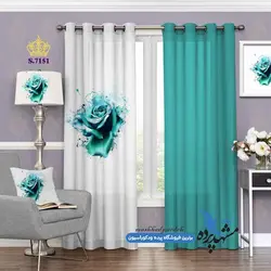 پرده پانچ گلدار طرح گل رُز زمینه فیروزه ای کد s-7151
