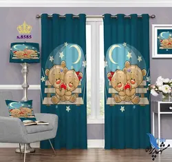 پرده پانچ دخترانه طرح بچه خرس ها روی نیمکت کد S8585