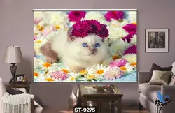 پرده شید رول تصویری طرح فانتزی گربه میان گل ها کد ST9275