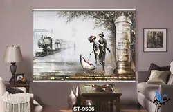 پرده شید رول تصویری طرح نقاشی مدرن زن و مرد و قطار کد ST9506