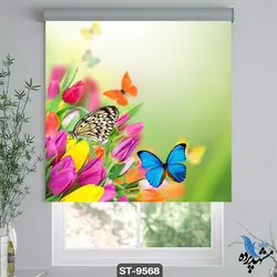 پرده شید رول تصویری طرح نقاشی فانتزی گل لاله و پروانه کد ST9568