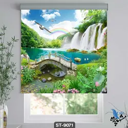 پرده شید رول تصویری طرح نقاشی فانتزی آبشار و رنگین کمان کد ST9070