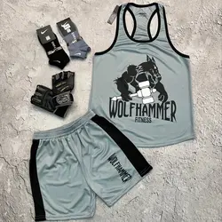 ست بدنسازی طرح گرگ سوزنی جنس فلامنت تنفسی رنگ توسی فروشگاه لباس ولوازم ورزشی وبدنسازی کاراکو اسپرت