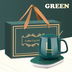 ماگ هیتر حرارتی لاکی سبز رنگ به همراه صفحه گرمکن برقی دمنوش چای شیر کاپوچینو