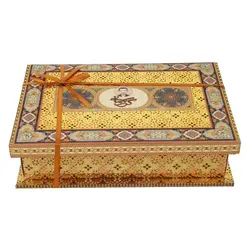 گز کرمانی 28 درصد مخلوط پسته و بادام لقمه ای جعبه طرح خاتم - 450 گرم