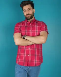 پیراهن چهارخانه مردانه آستین کوتاه زرشکی