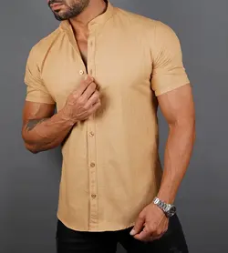پیراهن نخی tommy Hilfiger یقه ۳سانت آستین کوتاه ساده  pn153