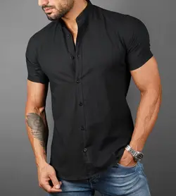 پیراهن نخی tommy Hilfiger یقه ۳سانت آستین کوتاه ساده  pn153