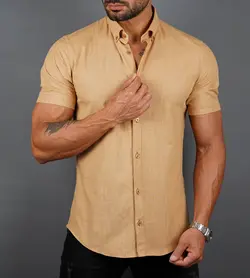 پیراهن نخی tommy Hilfiger یقه مردانه آستین کوتاه ساده pn154