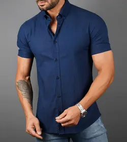 پیراهن نخی tommy Hilfiger یقه مردانه آستین کوتاه ساده pn154