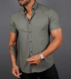 پیراهن نخی tommy Hilfiger یقه مردانه آستین کوتاه ساده pn154