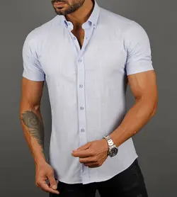 پیراهن نخی tommy Hilfiger یقه مردانه آستین کوتاه ساده pn154