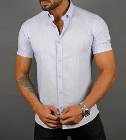 پیراهن نخی tommy Hilfiger یقه مردانه آستین کوتاه ساده pn154