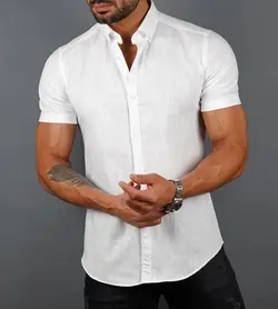 پیراهن نخی tommy Hilfiger یقه مردانه آستین کوتاه ساده pn154