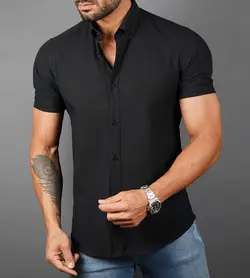 پیراهن نخی tommy Hilfiger یقه مردانه آستین کوتاه ساده pn154