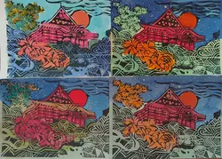 کارت پستال چاپ دستی طرح خانه ژاپنی