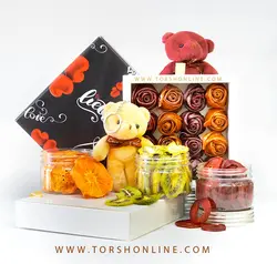 پک هدیه لواشک کادویی،میوه خشک کیوی ، آلو و خرمالو و عروسک خرس جاسوئیچی