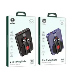 شارژر همراه گرین لاین مدل Magsafe PD 20W ظرفیت 10000 میلی‌آمپر ساعت با دو کابل سرخود