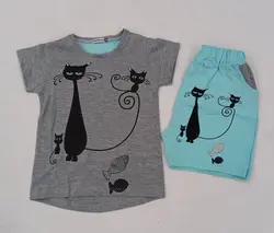 تیشرت شلوارک دخترانه گربه کد30594 - فروشگاه اینترنتی تی تی تک