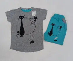 تیشرت شلوارک دخترانه گربه کد30594 - فروشگاه اینترنتی تی تی تک