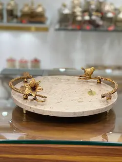 سینی گرد سنگ و پرنده برنجی در سه رنگ
