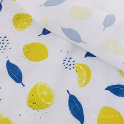 پارچه لینن موهر طرح لیمو فانتزی با برگ سرمه ای - پارچه لیمویی | بافت مارت