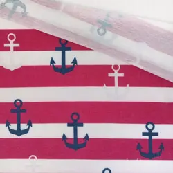 تریکو پنبه ترکیبی یکرو تیپ لاکرا راه راه قرمز و سفید طرح لنگر | بافت مارت